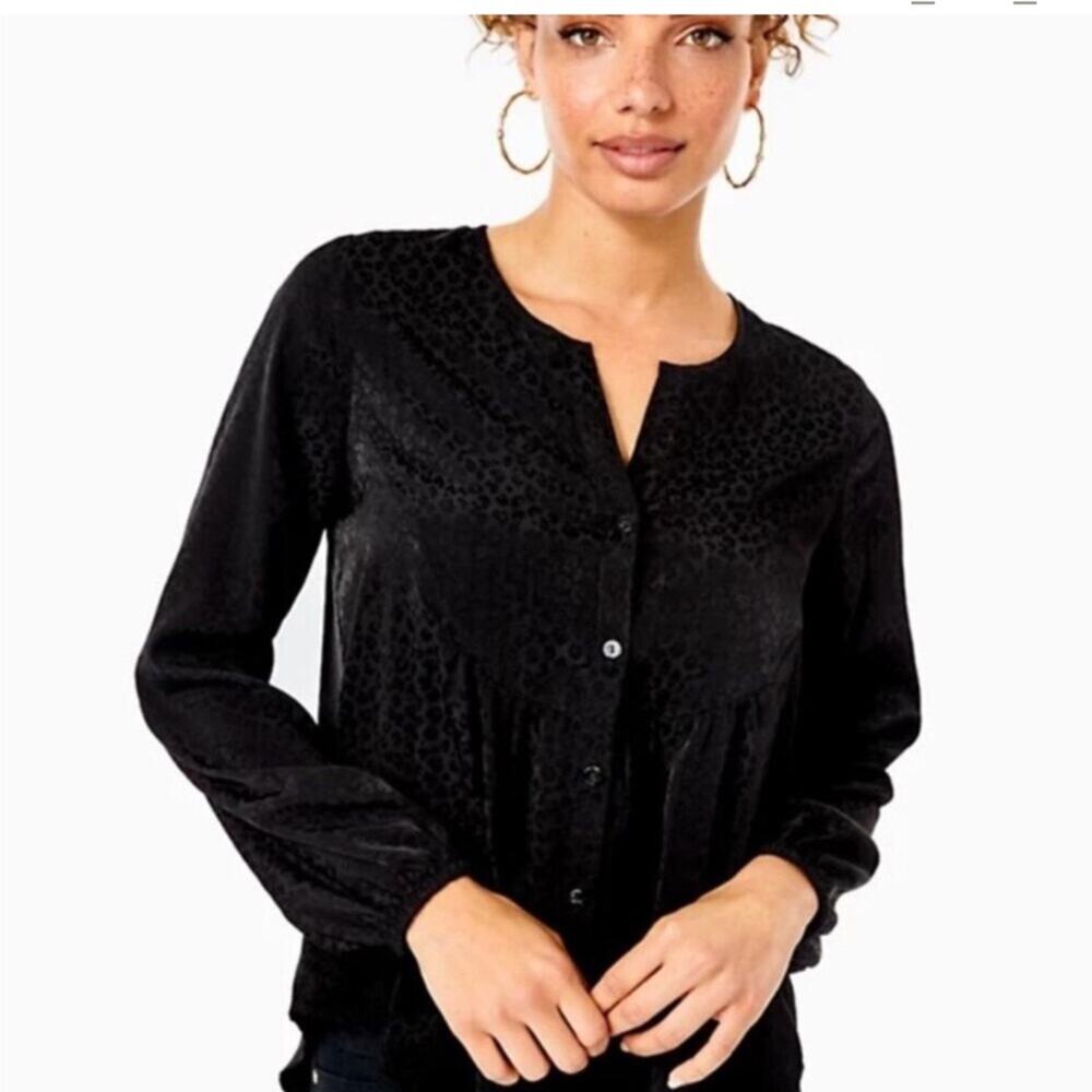 Lilly Pulitzer XXS Hensley black leopard animal print button blouse top feminine